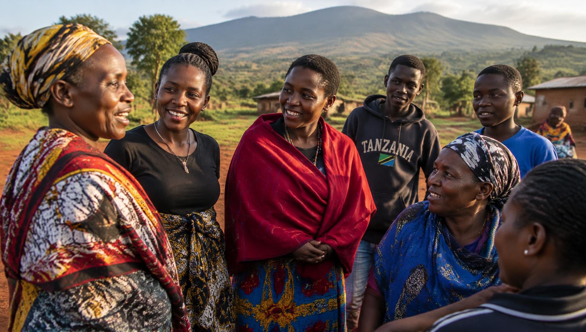 Women and young people from a Karatu community talking together outdoors